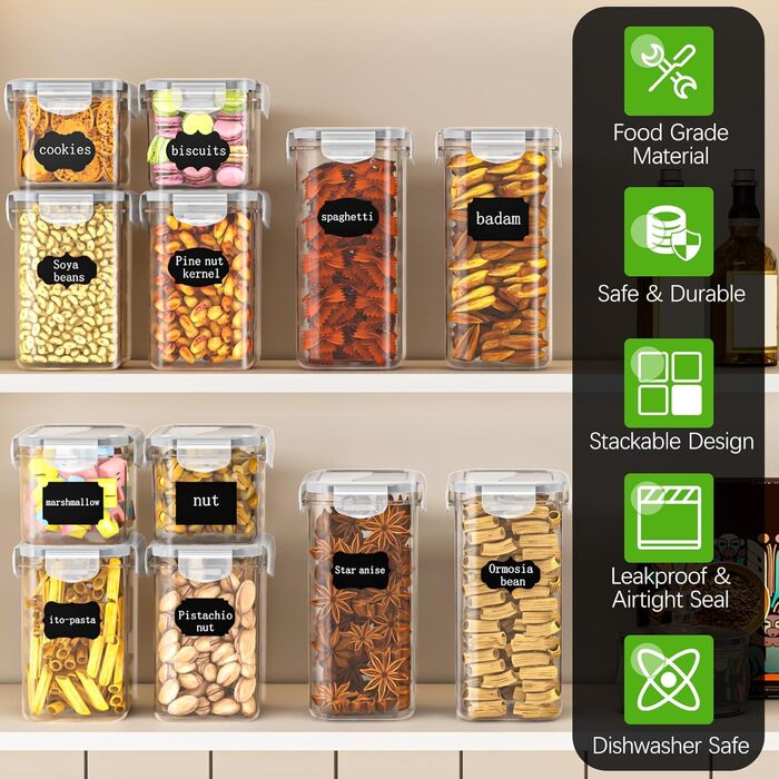 Набір з 24 герметичних контейнерів для зберігання продуктів, органайзер для холодильника, BPA-free, 42L, з етикетками