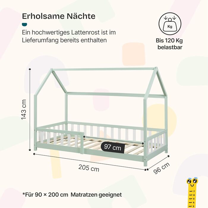Ліжко дитяче en.casa Hesel для дітей, 90x200 см, біле, з бортиками та ламелями, Montessori, дерев'яне, для юніорів