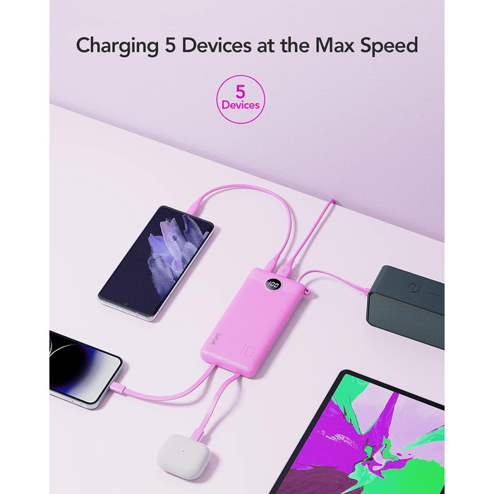 МАг, USB C, 5 виходів, 2 входи, LED-дисплей, сумісний з iPhone/Huawei/Samsung, рожево-червоний, 10000