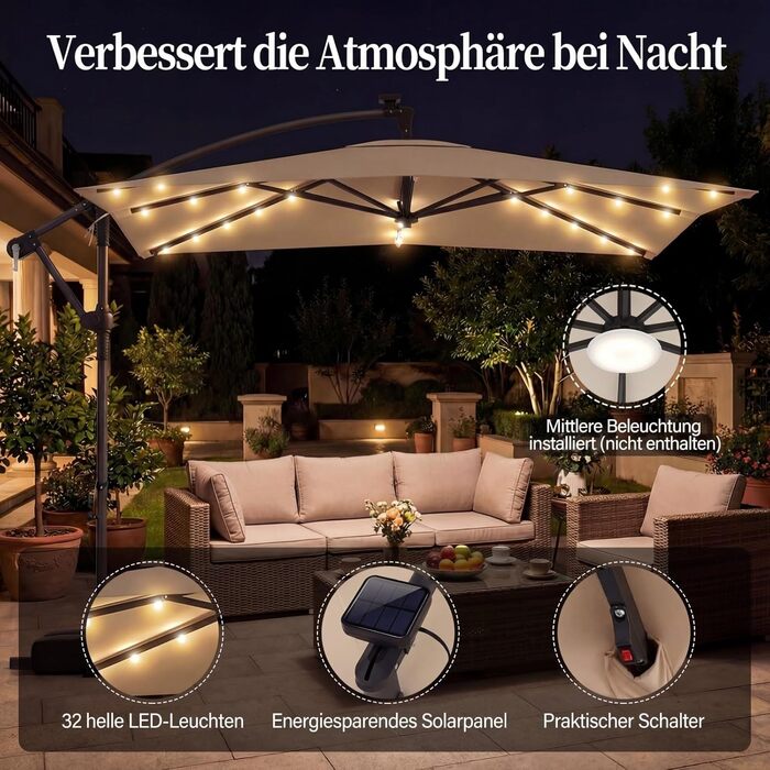 Парасолька від сонця COSTWAY 250x250 см з підставкою та LED-підсвіткою, квадратна садова парасолька з ручкою-курбою, UV-захист, бежева