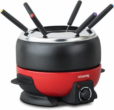 Електричний фондю-набір H.Koenig ALP1800 з нержавіючої сталі, 2L, 6 виделок, для шоколаду та сиру, антипригарне покриття, кришка від бризок