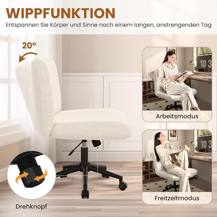 Офісне крісло Yaheetech з роликами, регульоване по висоті, з широким сидінням та середньою спинкою, для офісу та спальні, з колесами (слонова кістка)