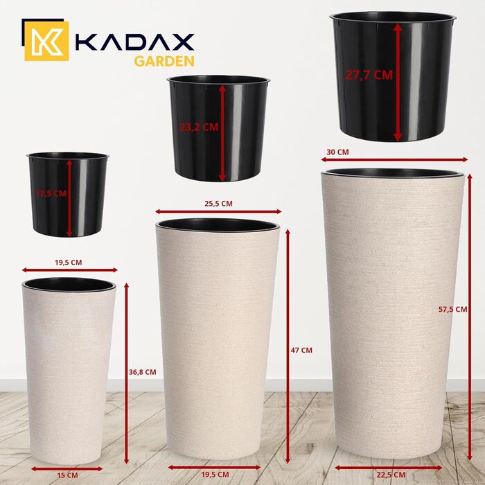 Набір горщиків KADAX (3 шт.) з дерев'яною стружкою, елегантні кашпо з винімною вставкою, захист для квітів (кремовий, 3 шт. - 19,25,30 см)