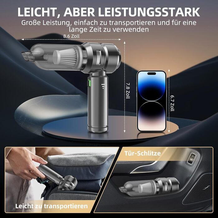 Акумуляторний ручний пилосос 26000Па 4-в-1 з безщітковим двигуном для авто, дому та шерсті тварин, 3 режими потужності, темно-сірий