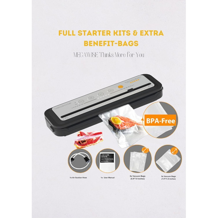 Вакууматор MegaWise — потужний компактний автоматичний вакуумний пакувальник для продуктів харчування, сірий