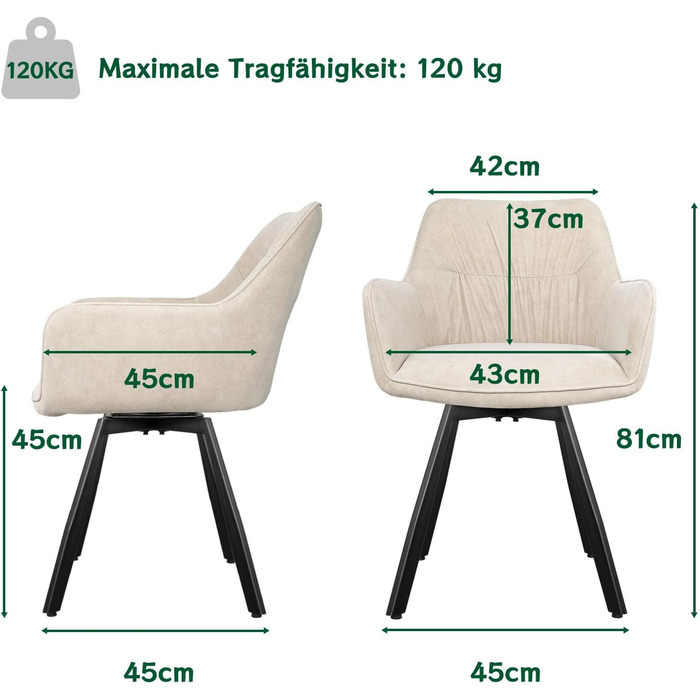 Набір обідніх крісел 6 шт. поворотні, з підлокітниками, 360°, сучасний м'який стілець з велюру, для вітальні, кухні, спальні, робочого кабінету (2 поворотні, хакі)