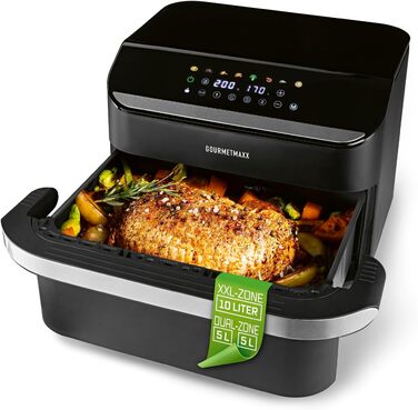 Фритюрниця повітряна Gourmetmaxx FryUp з двома камерами | 10 літрів | Чорний колір | Дисплей Touch | Економія місця