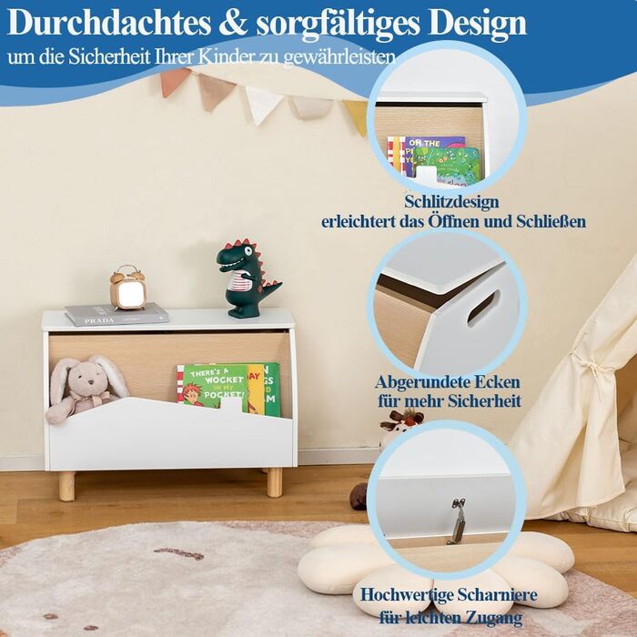 Дитяче книжкове та іграшкове шафка SOARS 2 в 1, білий, 60 x 30 x 44 см. Масивні дерев'яні ніжки, органайзер для іграшок з кришкою та відкритими полицями. Шафа для дитячої кімнати.