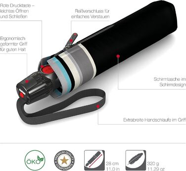 Складна парасолька Knirps T.200 Duomatic Відкривання-закривання Автоматичне Складне Штормозахисне Вітрозахисне Чорне смугасте