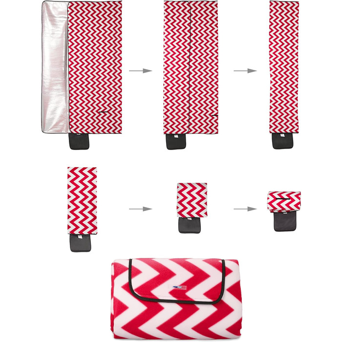 Ковдра для пікніка Relaxdays XXL, 200x300 см, утеплена нижня сторона, ручка для перенесення, флісова пляжна ковдра, зигзаг, м'яка, червона/біла