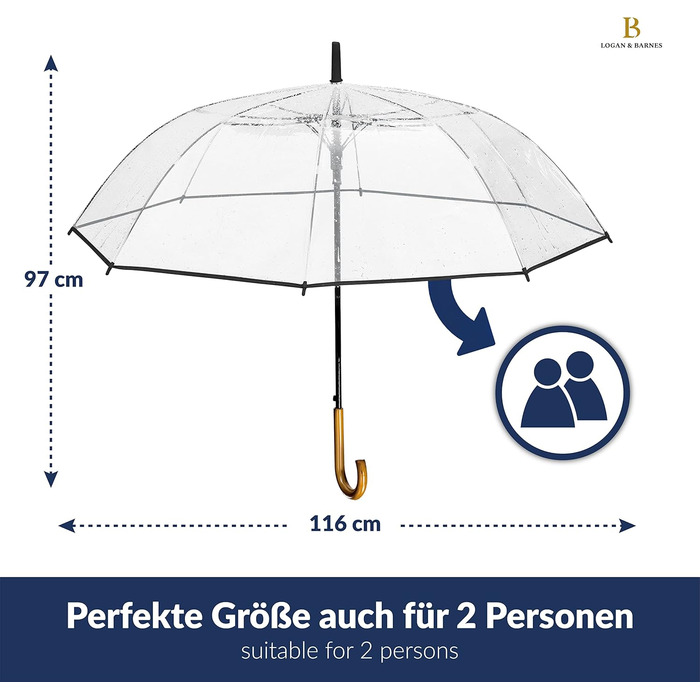 Прозора парасолька LOGAN & BARNES весільна ручка зі справжнього дерева Ø120см - модель CARDIFF (XL, прозора)