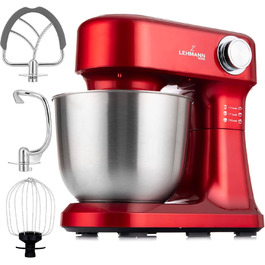Кухонна машина Lehmann - планетарний міксер з набором аксесуарів - 3 насадки, кришка-розбризкувач, чаша 5л, 12 швидкостей, захист від перегріву, неслизька, червона