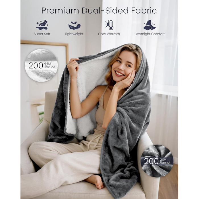 Електрична ковдра AnySun 200x180 см з автовимкненням, 6 рівнів нагріву, таймер 10 годин, захист від перегріву, сіра, для ліжка, дивану, машинне прання