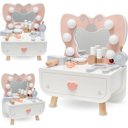 Детський туалетний столик Mamabrum XXL з дерева з пуфом та LED-дзеркалом – для дівчаток від 3 років, з ящиком та аксесуарами для макіяжу, ігровий набір та письмовий стіл (MAM242 DRESSING TAB)