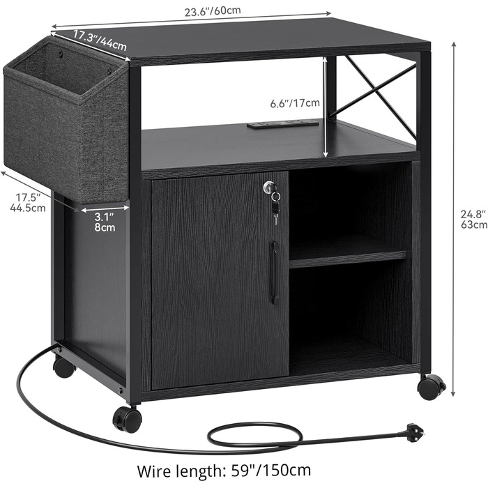 Підставка для принтера YITAHOME з розетками, роликова, з полицею та кишенями, з замком, для дому/офісу, чорна