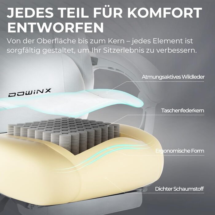 Ігровий крісло Dowinx з регульованою висотою масажного поперекового підтримувача, ергономічний дизайн, м'яка мікрофібра велюр, посилене сидіння, підголовник та підніжка в комплекті, регулювання на 155°, (Білий, Титан)