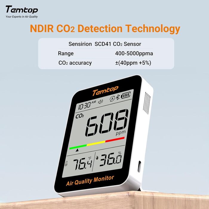 Temtop C1 Монітор CO₂ з термометром та гігрометром - точний вимірювач якості повітря для дому, офісу, школи. CO₂ та вологість з APP