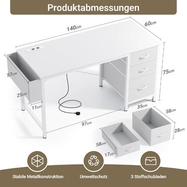 Компактний письмовий стіл Claiks з 3 ящиками, 100x60 см. Комп'ютерний стіл з розетками та USB-портами для дому та офісу