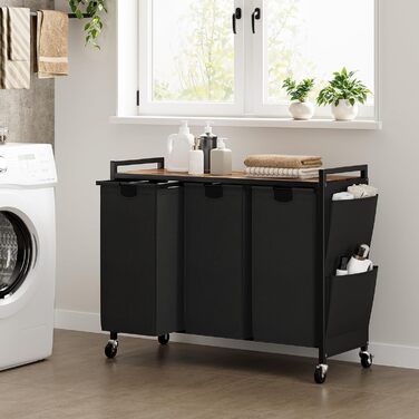 WOWLIVE Подвійний кошик для білизни з кришкою, на коліщатках, з металу, сортувальник для білизни з верхньою полицею та 2 знімними мішками, великий органайзер для одягу, (165л, Чорний)