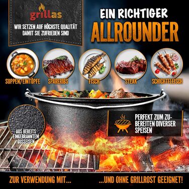 Набір голландської печі з рецептами | вже попередньо обсмажений | голландська піч з чавуну, каструля з кришкою та ручкою (каструля без ніжок) | 9 літрів