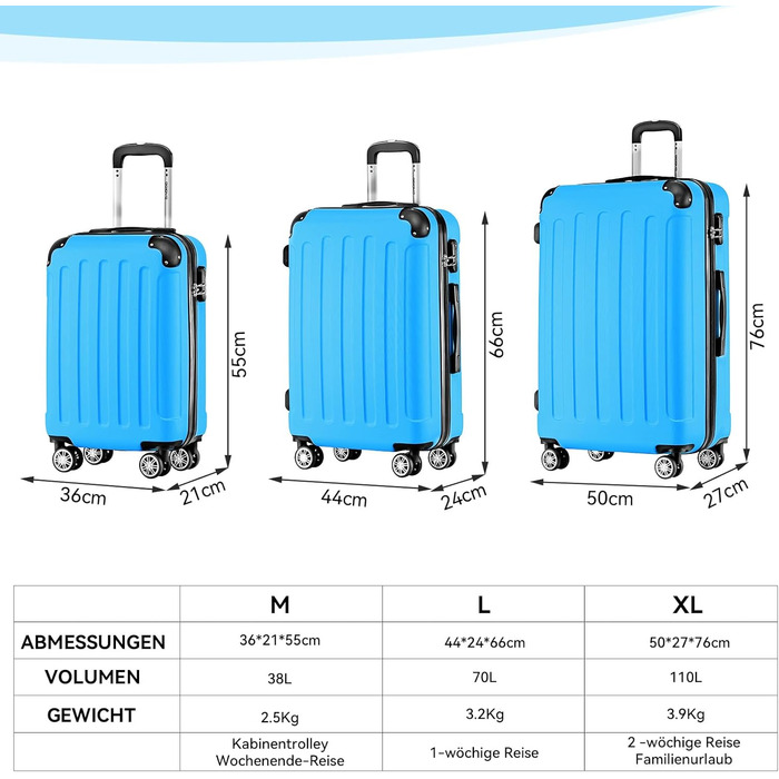 Набір валіз Beibye з жорстким корпусом (55/66/76 см) з кодовим замком та 4 колесами