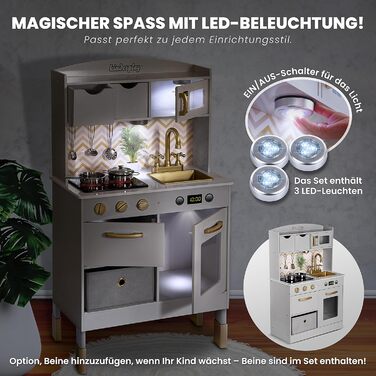 Дерев'яна дитяча кухня Kinderplay з LED та звуками приготування їжі – регульована висота 92–107 см – іграшкова кухня для ролевих ігор від 3 років – повний комплект з аксесуарами, світло-сірий колір Elegant - світло-сірий