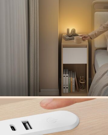 Приліжкова тумбочка VASAGLE з LED-підсвічуванням, USB-A та USB-C, з шухлядою та відкритим відсіком, для спальні/вітальні, кольору 