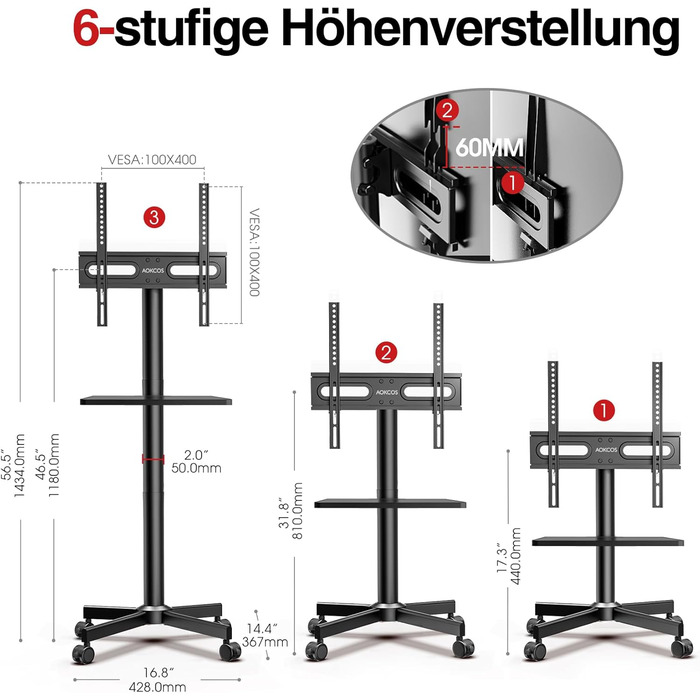 Підставка для телевізора на колесах для 32-65 дюймів, чорна, до 40 кг, VESA 400x400 мм