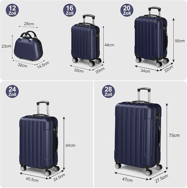 Набір валіз LALAHO 5 шт. з косметичками, з ABS пластику, для подорожей, ручна та велика валіза, блакитний (смужки)