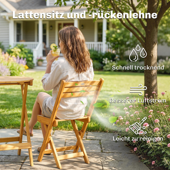 Набір садових меблів для балкона 3 предмети, складаний, з дерева FSC. Круглий стіл та 2 стільці з дихаючими подушками для сидіння з ламелями.