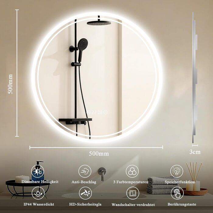 LED дзеркало для ванної кімнати з підсвічуванням 40x60 см - проти запотівання, 3 кольори, регулювання яскравості, подвійний сенсорний вимикач, пам'ять вимкнення, для ванної/туалету - горизонтальний/вертикальний монтаж