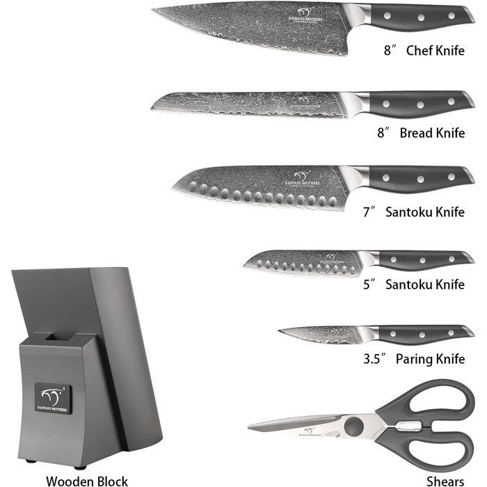 Набір кухонних ножів NANFANG BROTHERS Дамаск 7 предметів з бруском, нековзний ABS, нержавіюча сталь, шеф-ніж, хлібний ніж, сантоку, ніж для чищення, ножиці