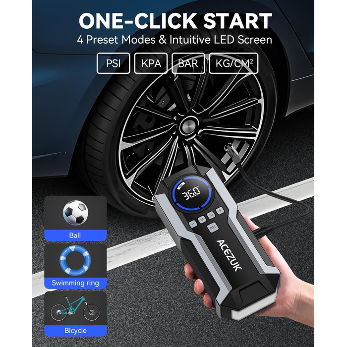 Портативний пусковий пристрій Starthilfe Powerbank з компресором 150PSI, 12V, для автомобілів (бензин/дизель до 12L), LED-ліхтарик, 6000A