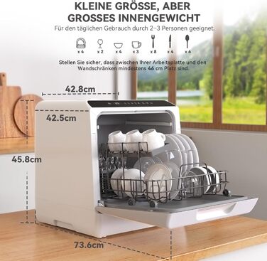 Компактна посудомийна машина Hermitlux Mini на 5 комплектів посуду (5л бак), 6 програм миття, 360° розпилювачі, функція сушіння, енергоклас D, без встановлення, скляні/суцільні дверцята