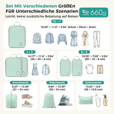 Набір органайзерів для подорожей у валізу з компресією, 8 водонепроникних пакувальних кубів для ручної поклажі та рюкзака, зелений колір