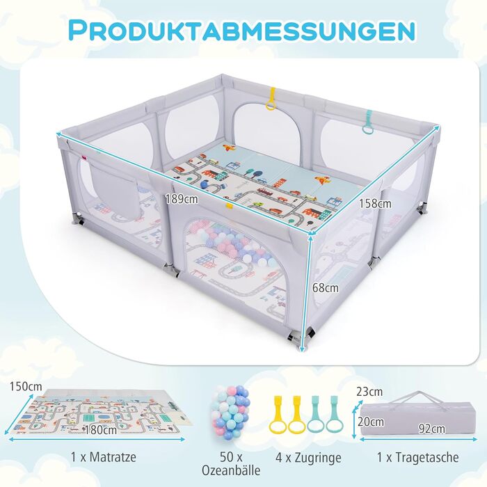Манеж для дітей DREAMADE 189x158 см з матрацем, кільцями, 50 кульками, сумкою, захисний паркан для малюків 0-3 років, світло-сірий