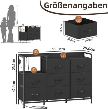 Комод Somdot з висувними ящиками для спальні, вітальні, передпокою з LED-підсвічуванням та розетками (2 AC, 1 USB, 1 Type-C), 5 тканинних ящиків, білий, 29T x 66,5B x 70,5H cm (Чорний, 29T x 99B x 70.5H cm (8 ящиків))