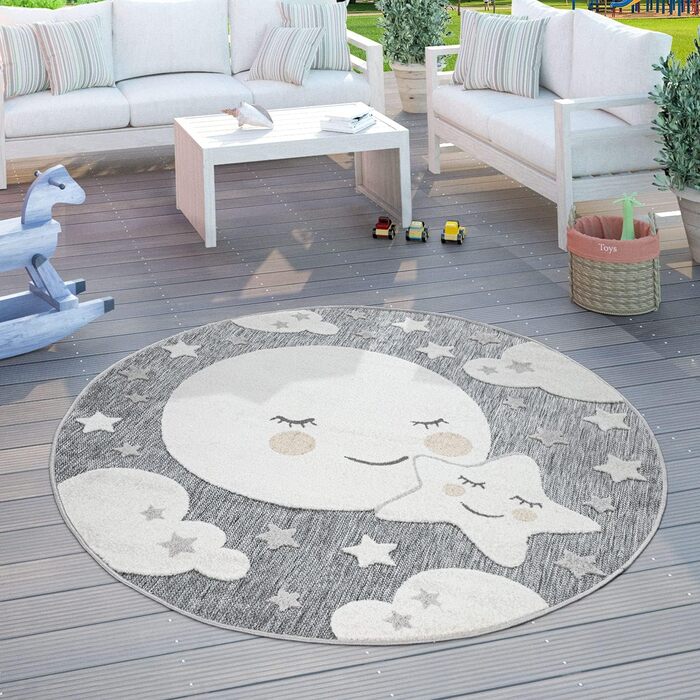 Дитячий килим Дитяча кімната Відкритий килим Круглий ігровий килим 3D ефект Moon Grey, розмір (Ø 160 см круглий)