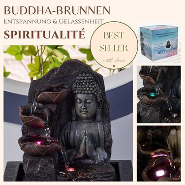 Джерело Zen'Light Zimmerbrunnen з Буддою та LED-підсвіткою - Сучасна декор для медитації та релаксації, Фен-Шуй, 26 см, горіх