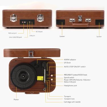 Вініловий програвач з динаміками і Bluetooth 5.4, USB, RCA/AUX, 33/45/78 об/хв, портативний ретро-кейс, коричневий