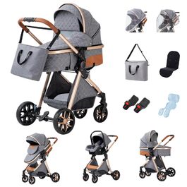 Дитяча коляска Glokid 3 в 1, комбінована коляска з функцією подорожей, включає пеленальний ящик, москітна сітка, дощовик, теплий мішок, складна, положення для лежання, висока позиція (LV9 Сірий)
