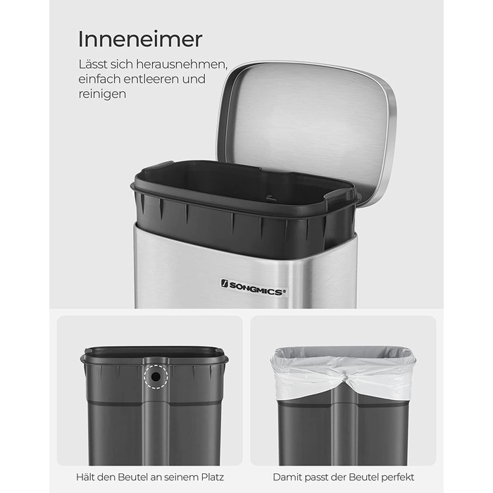 Кухонний сміттєвий бак SONGMIC об'ємом 30 літрів, сміттєвий бак, сміттєвий бак для педалей, кухонний сміттєвий бак з м'якою кришкою і внутрішнім відром, відро для педалей, сталеве, Срібне LTB03NL
