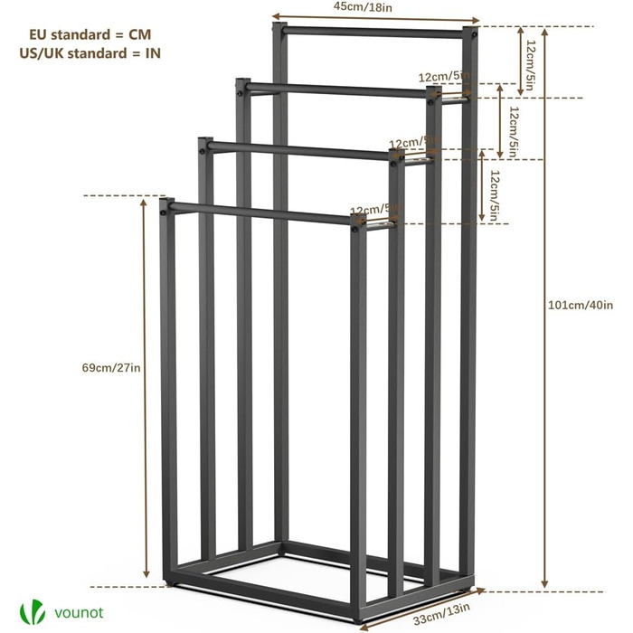 Підставка для рушників Vounot® на підлозі, металева, з 3 стійками, чорна (4 рівні)