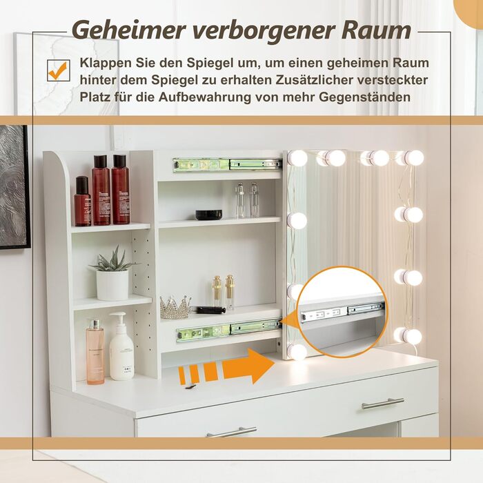 Дзеркальний туалетний столик Thanaddo з підсвічуванням та пуфом, 100×40×136 см. 6 шухляд, відкриті полиці, сучасний дизайн для спальні (білий)