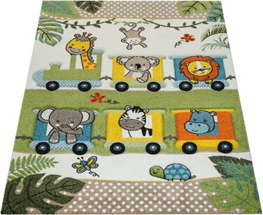 Домашній дитячий килим Paco, Різнокольоровий зелений килим із зображенням тварин зоопарку, локомотива, поїзда, джунглів, 3-D ефект, короткий ворс, розмір 120x170 см (133 см в квадраті)
