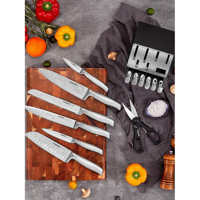 Набір ножів FOHERE з бруском для заточування, 14 предметів. Професійний набір кухонних ножів з нержавіючої сталі, ергономічні ручки, ідеальний подарунок