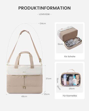 Сумка-валіза LOVEVOOK для жінок, 45L, Weekender, ручна поклажа, велике відкривання, сумка для пологового будинку, спортивна сумка, дорожня сумка, з відділенням для взуття та мокрою білизною, для подорожей, Gym, beige+khaki