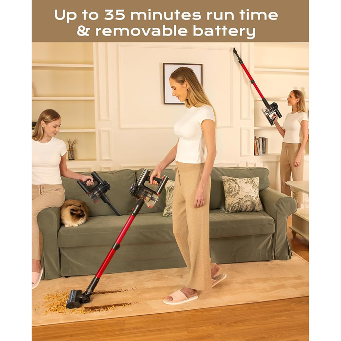Бездротовий акумуляторний пилосос V15, 35KPa, 6-в-1, для твердих підлог та килимів, видалення шерсті тварин (червоний)