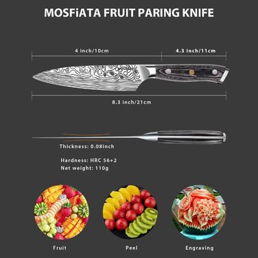 MOSFiATA ніж кухарський Сантоку, професійний ніж для кухні, універсальний ніж з нержавіючої сталі, дуже гостре лезо, з подарунковою коробкою, 7' (4 дюйми) ніж для фруктів