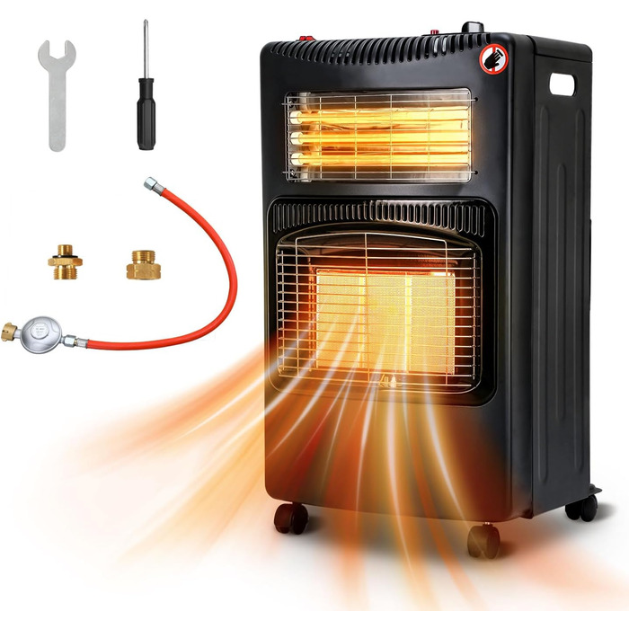 Газовий обігрівач Jiubiaz 4200W з інфрачервоним керамічним нагрівачем, 1260W електричний нагрів, включає редуктор, шланг та адаптер для балонів (Бутан/Пропан)